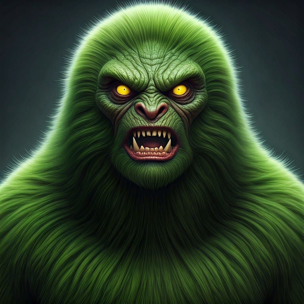 Green Furry Bipedal Monster Growling with Yellow Eyes