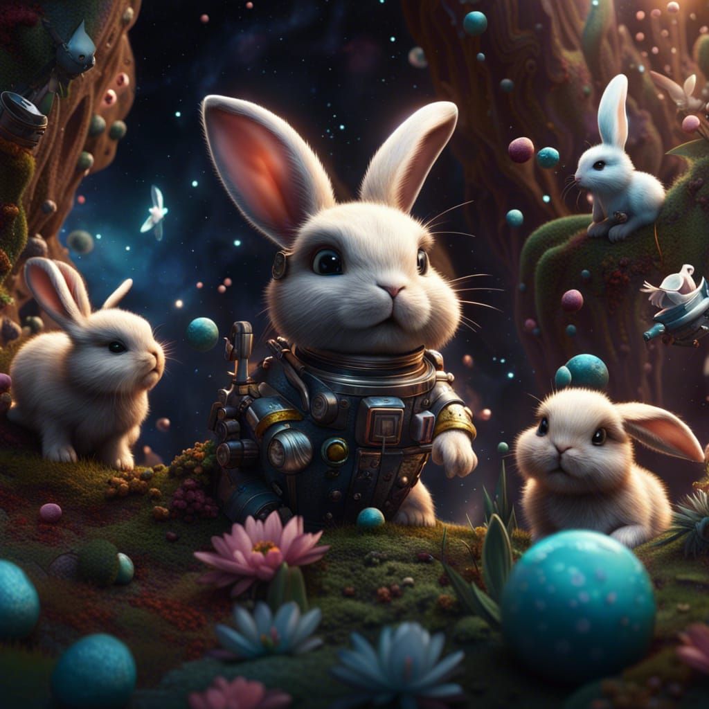 Baby Bunnies and Birds Play in Space