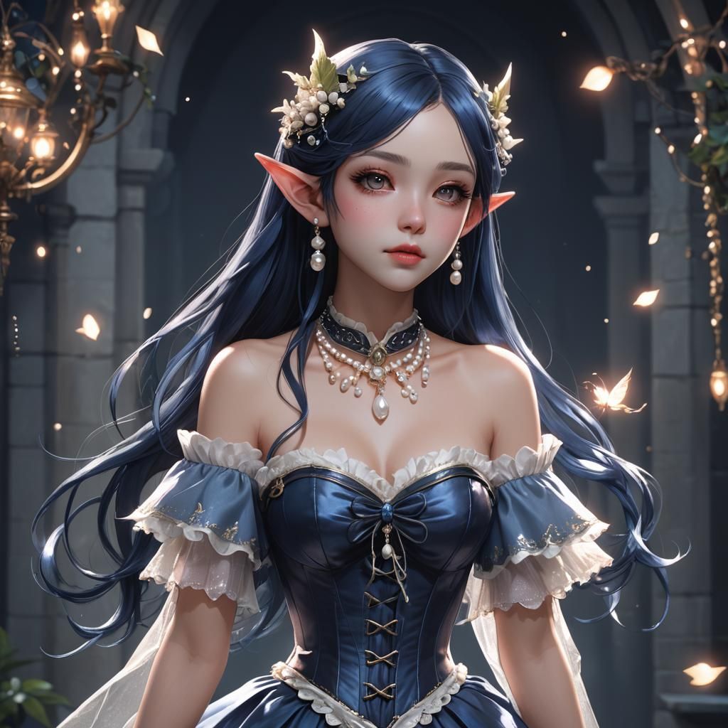 Anime Elf Girl with Pearl Necklace in 3D