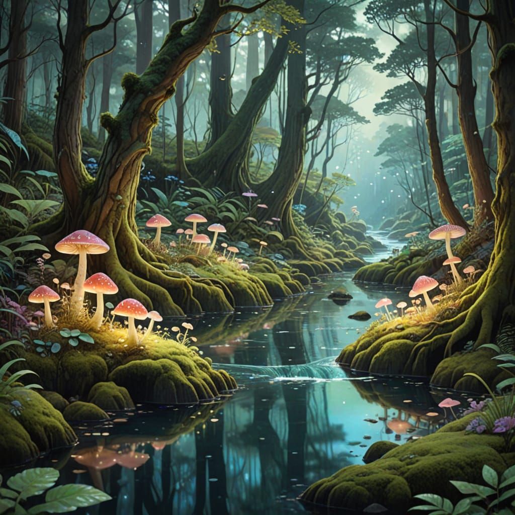 Glowing Forest with Bioluminescent Mushrooms, Watercolor Sty...