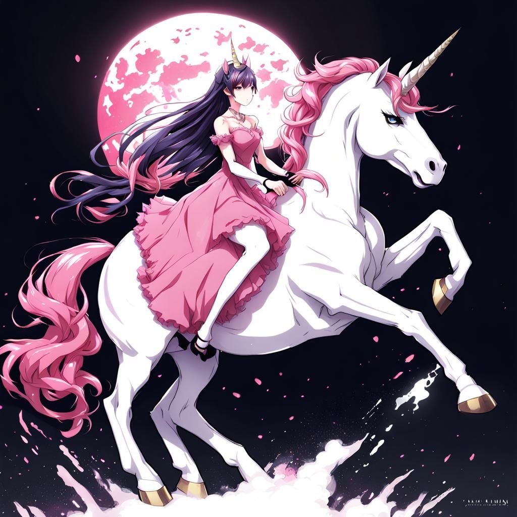 Venom, riding a unicorn in a pink dress