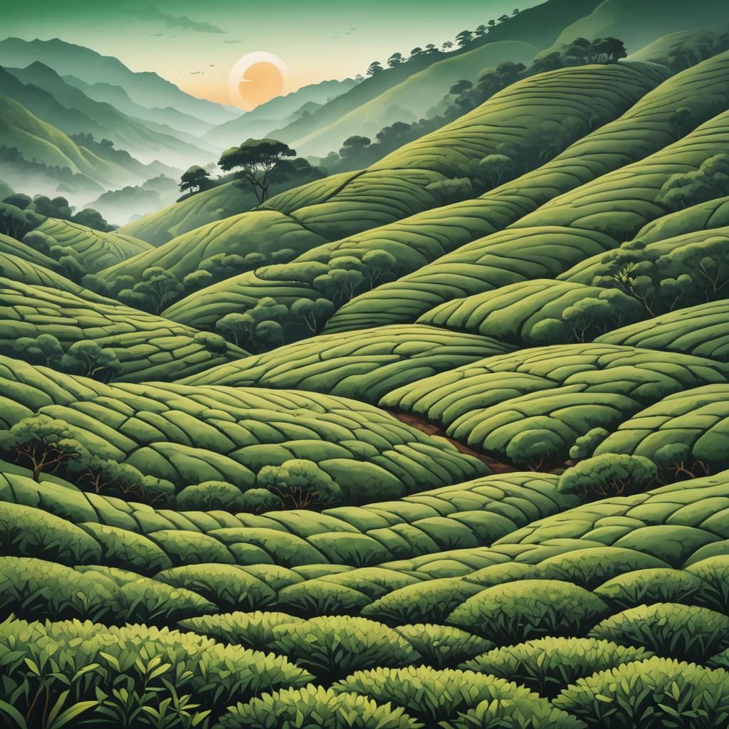 Minimalist Tea Plantation in Chinese Art Style