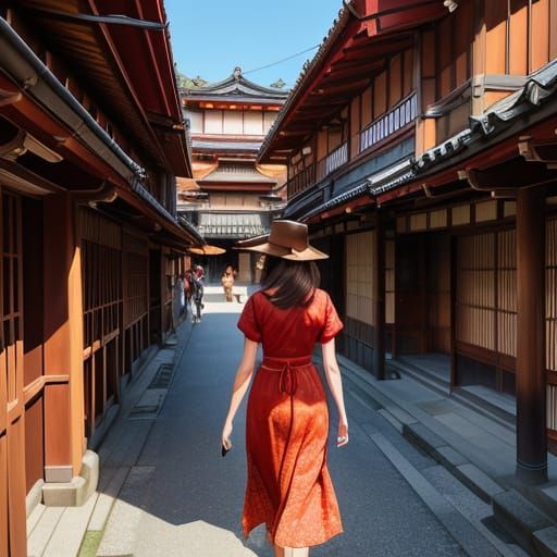 Woman in Red Sundress in Old Japan: Impressionist Oil Painti...