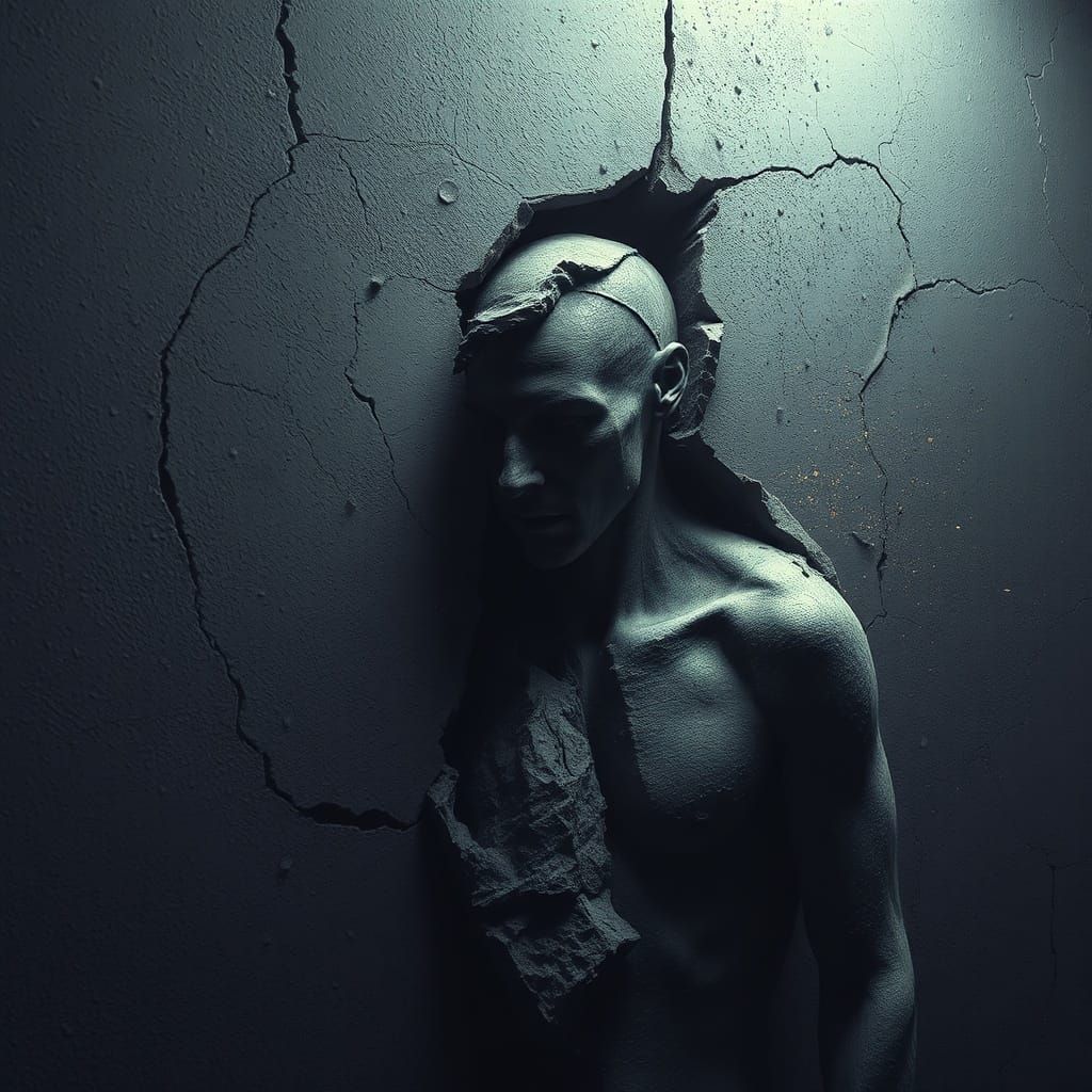 Man Fused Into Concrete Wall in Dark Fantasy