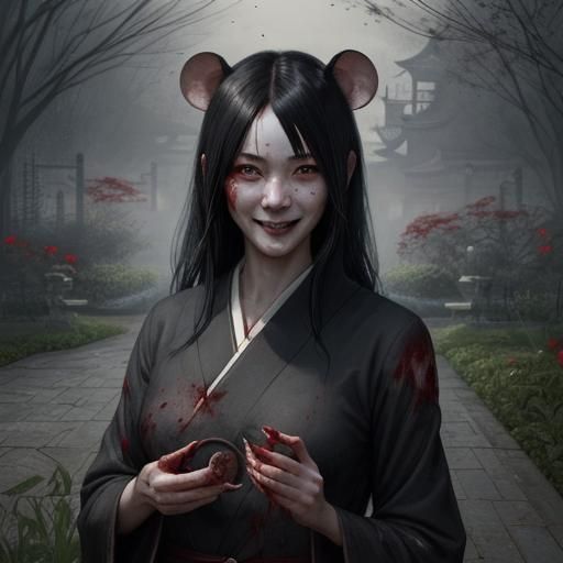 Sinister Japanese Girl with Mouse in Garden