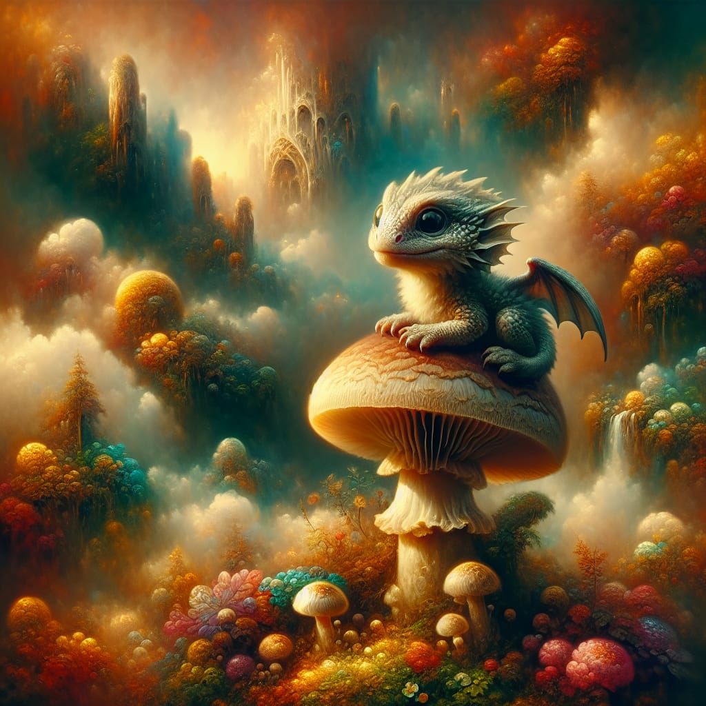 Baby Dragon on Mushroom in Pre-Modern Style