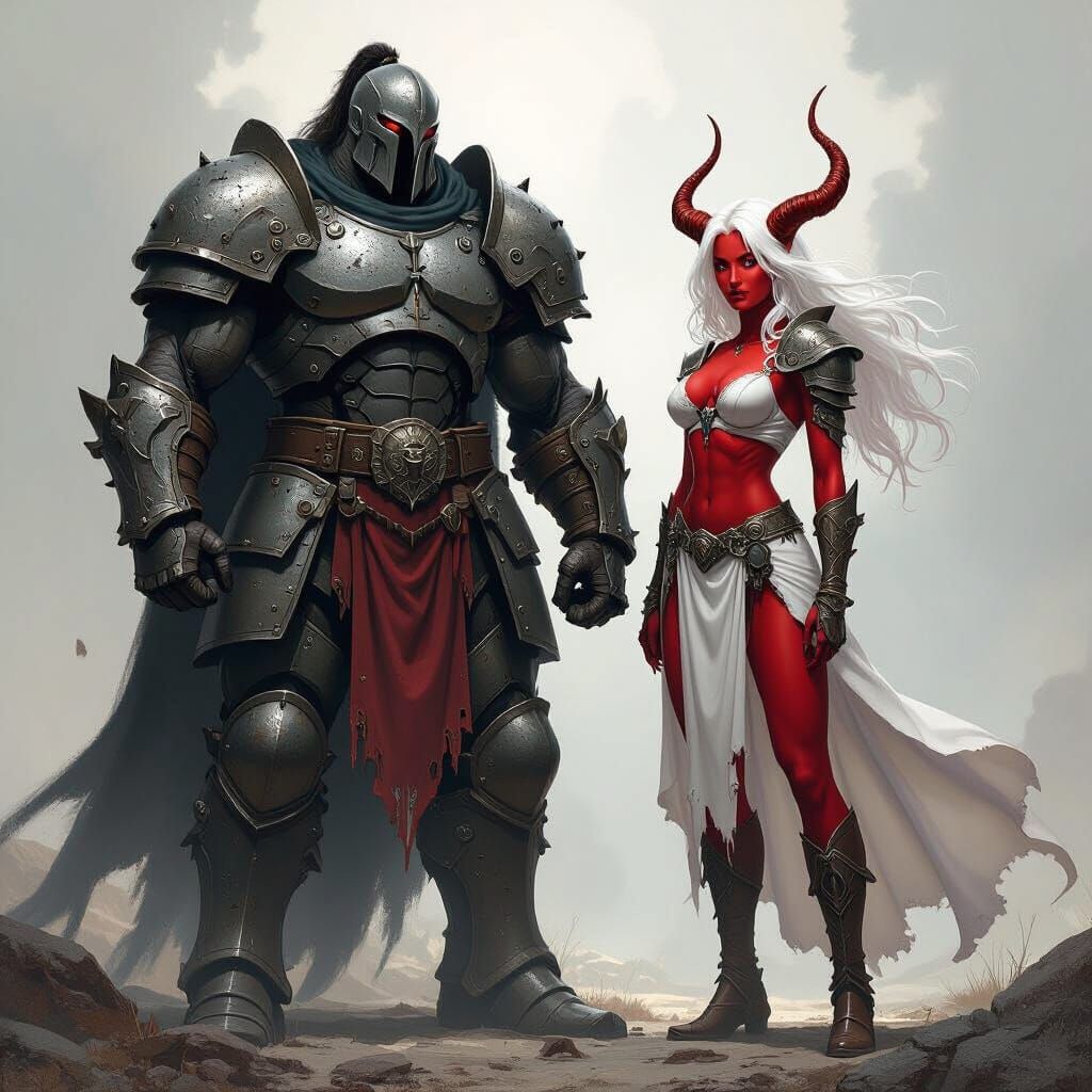 Warforged Barbarian and Tiefling in Dark Fantasy Style