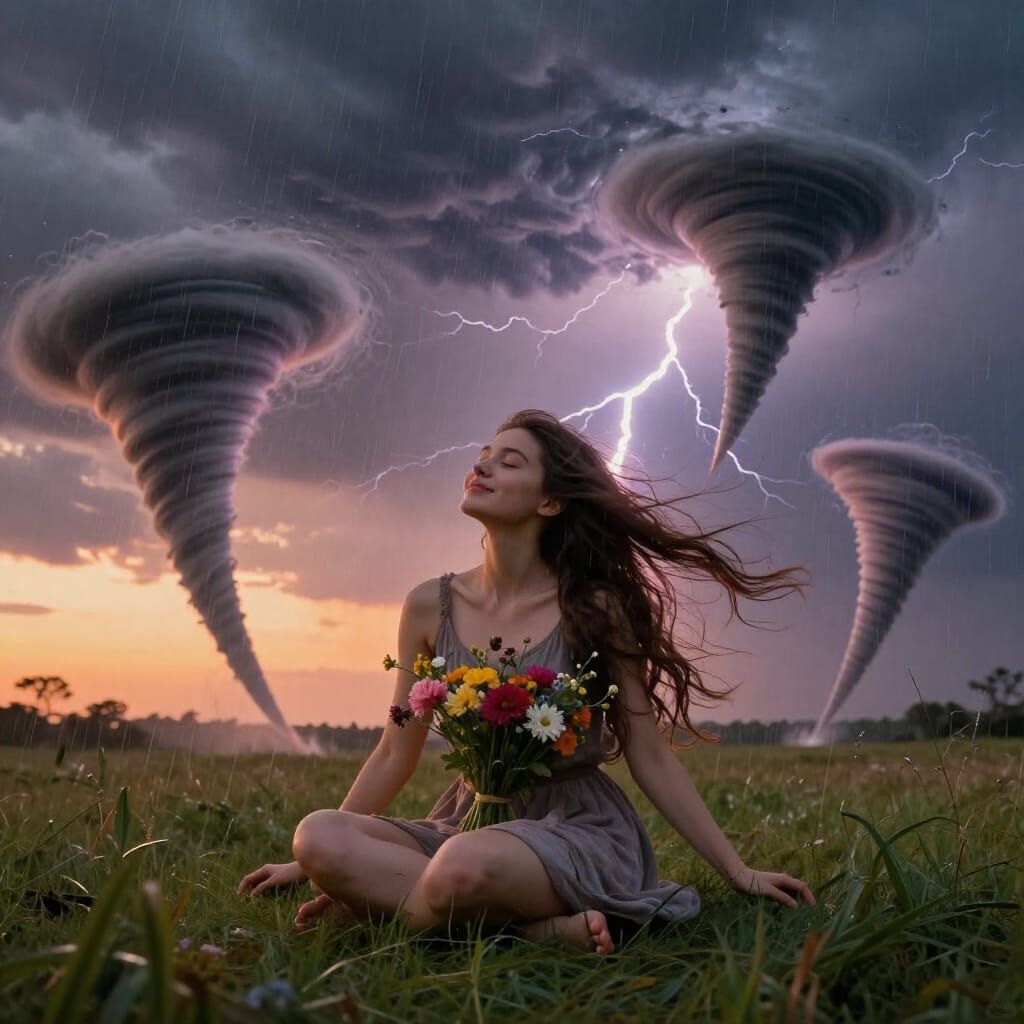 Woman in Tornadoes at Sunset, Digital Painting