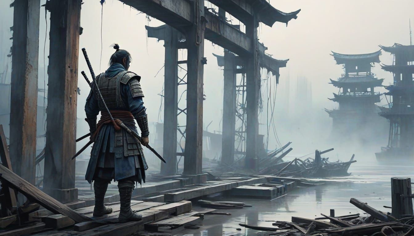 Samurai in Post-Apocalyptic Shipyard, Watercolor Style