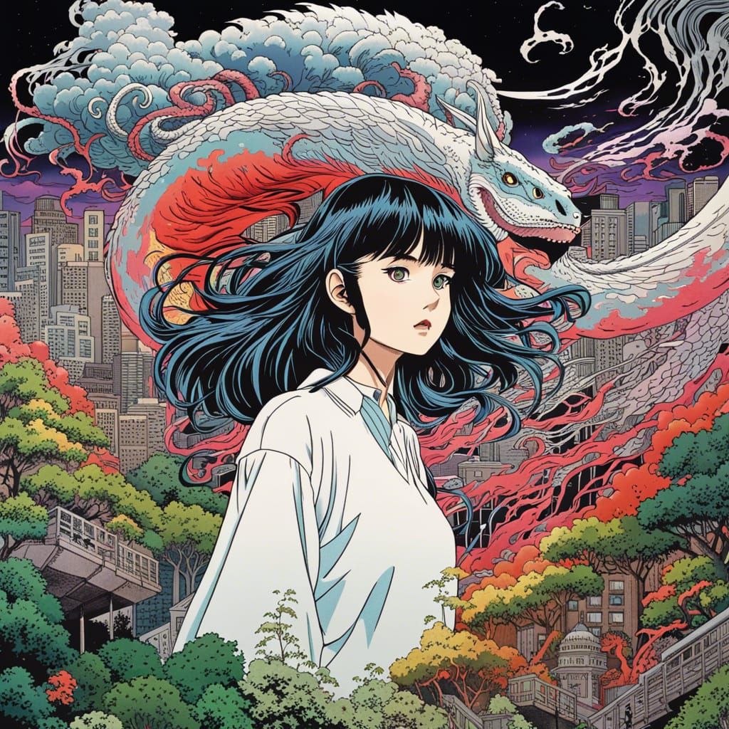 90s Anime Girl with Dragon in Shibuya