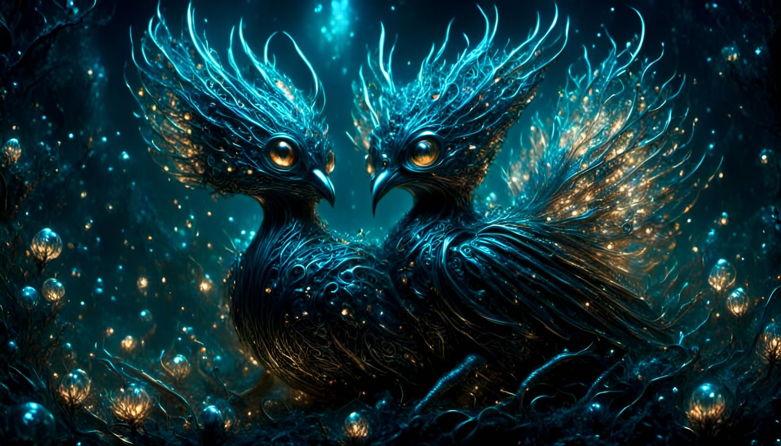 Bioluminescent Birds with Tentacles in Dark Fantasy Style