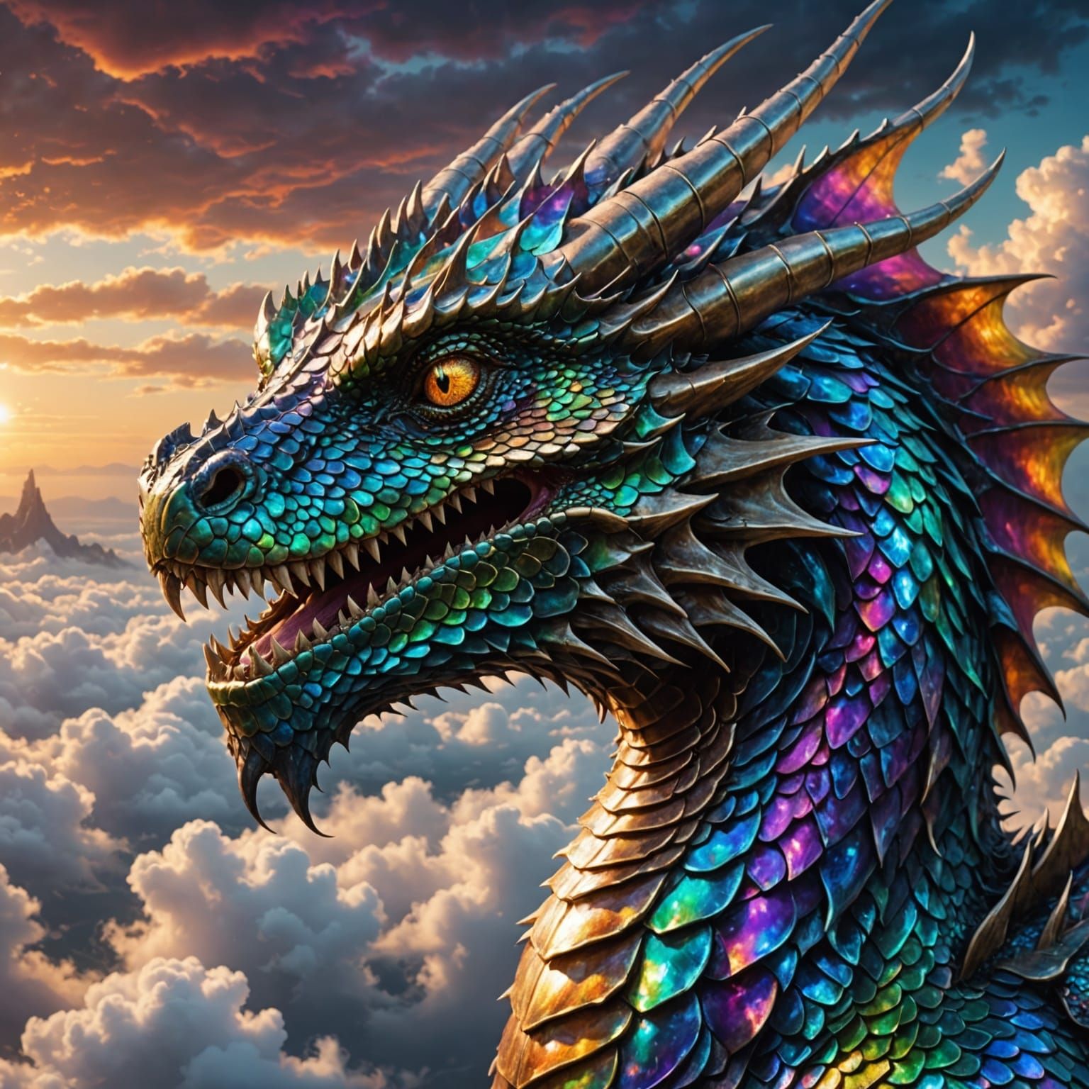 Iridescent Dragon Emerges from Clouds: 3D Render