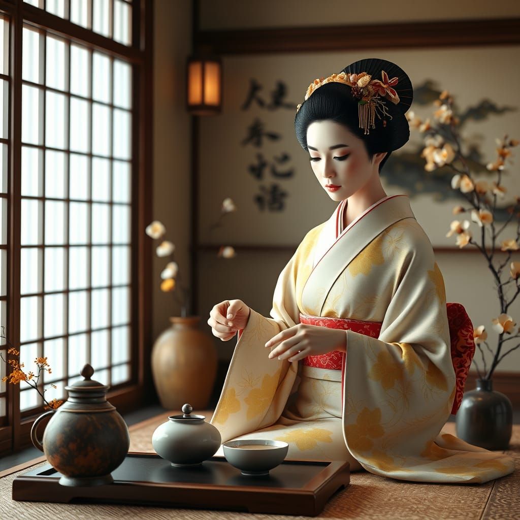 Serene Geisha Prepares Tea in a Traditional Japanese Tea Roo...