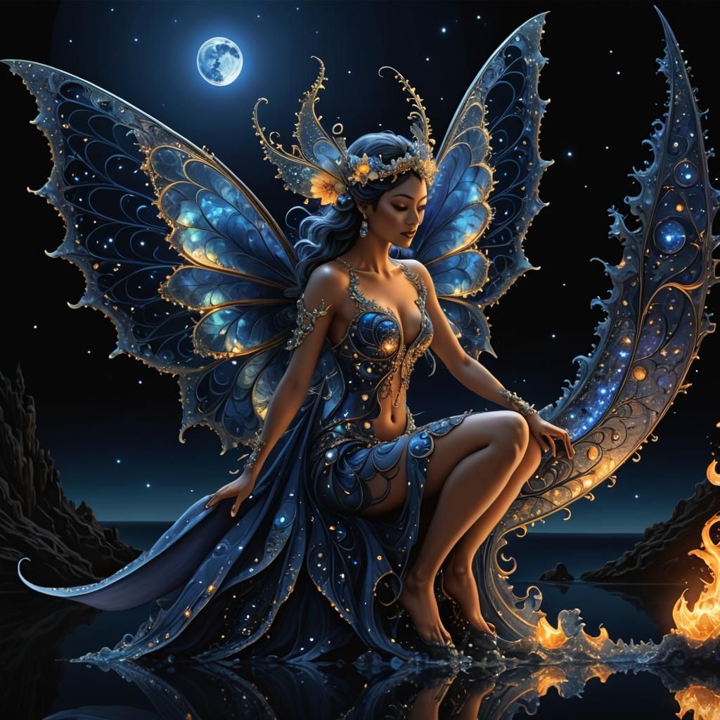 Fractal Moon Fairy Overlooking Iridescent Ocean