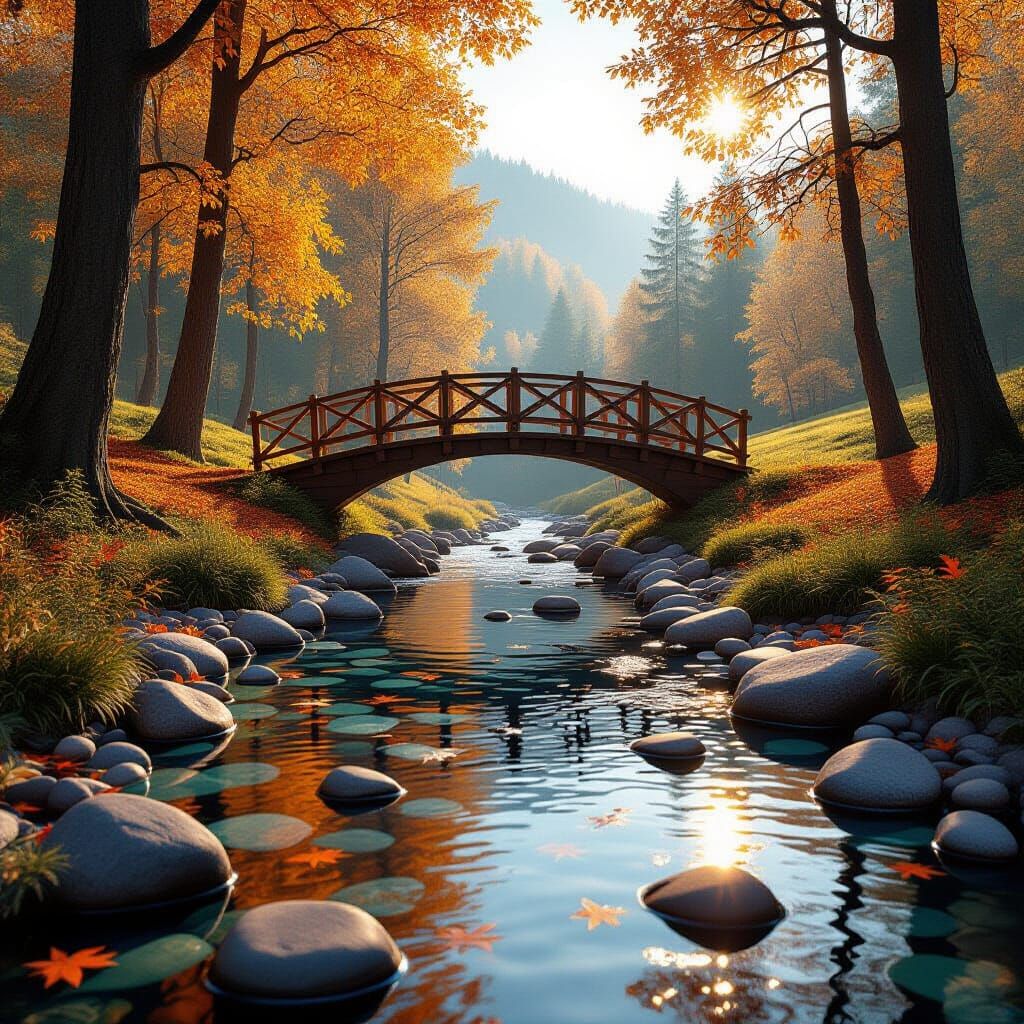 Hyper-Realistic Autumn Stream with Wooden Bridge