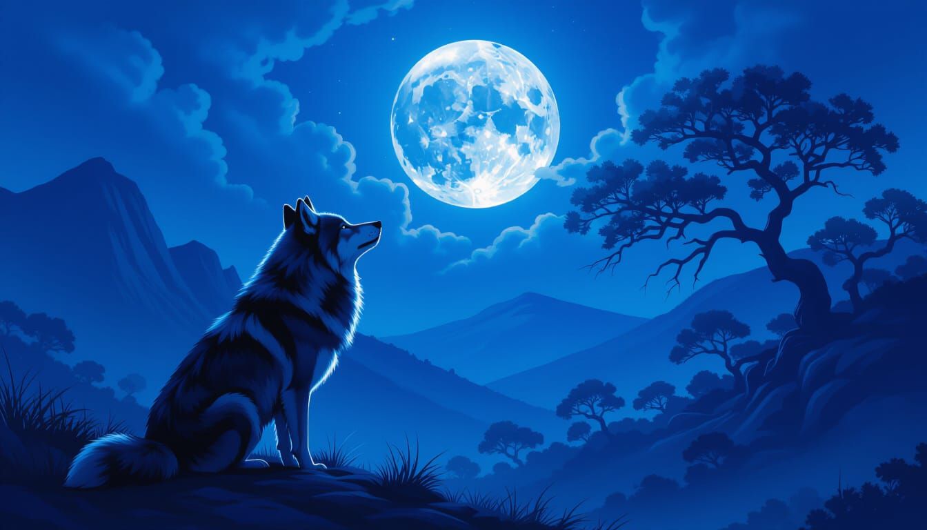 Majestic Wolf Under Full Moon in Ethereal Blue and Purple La...
