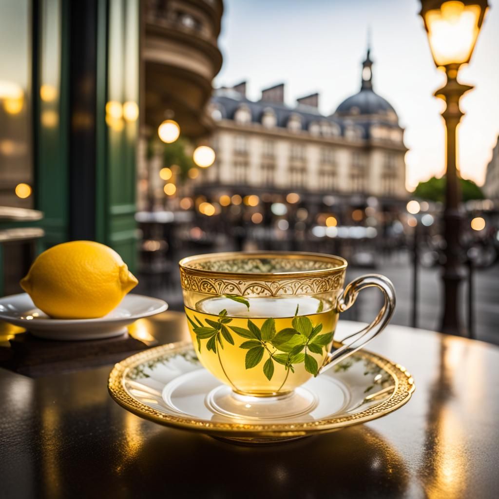 Lemon Woodruff Tea in Parisian Cafe: Professional Photograph...