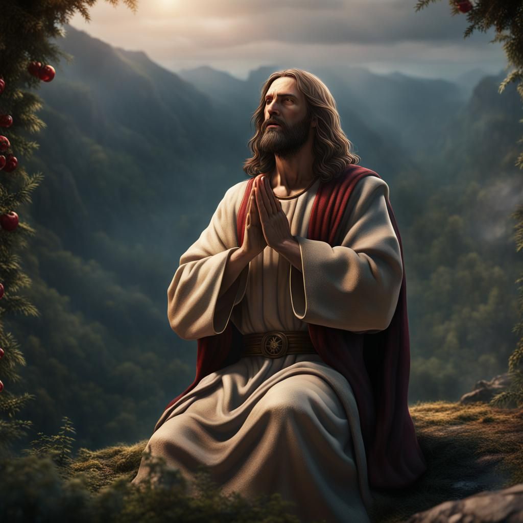 Jesus Christ Praying on Holy Mountain in Detailed Matte Pain...