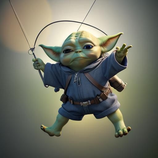 Baby Yoda Parachuting: 3D Digital Art