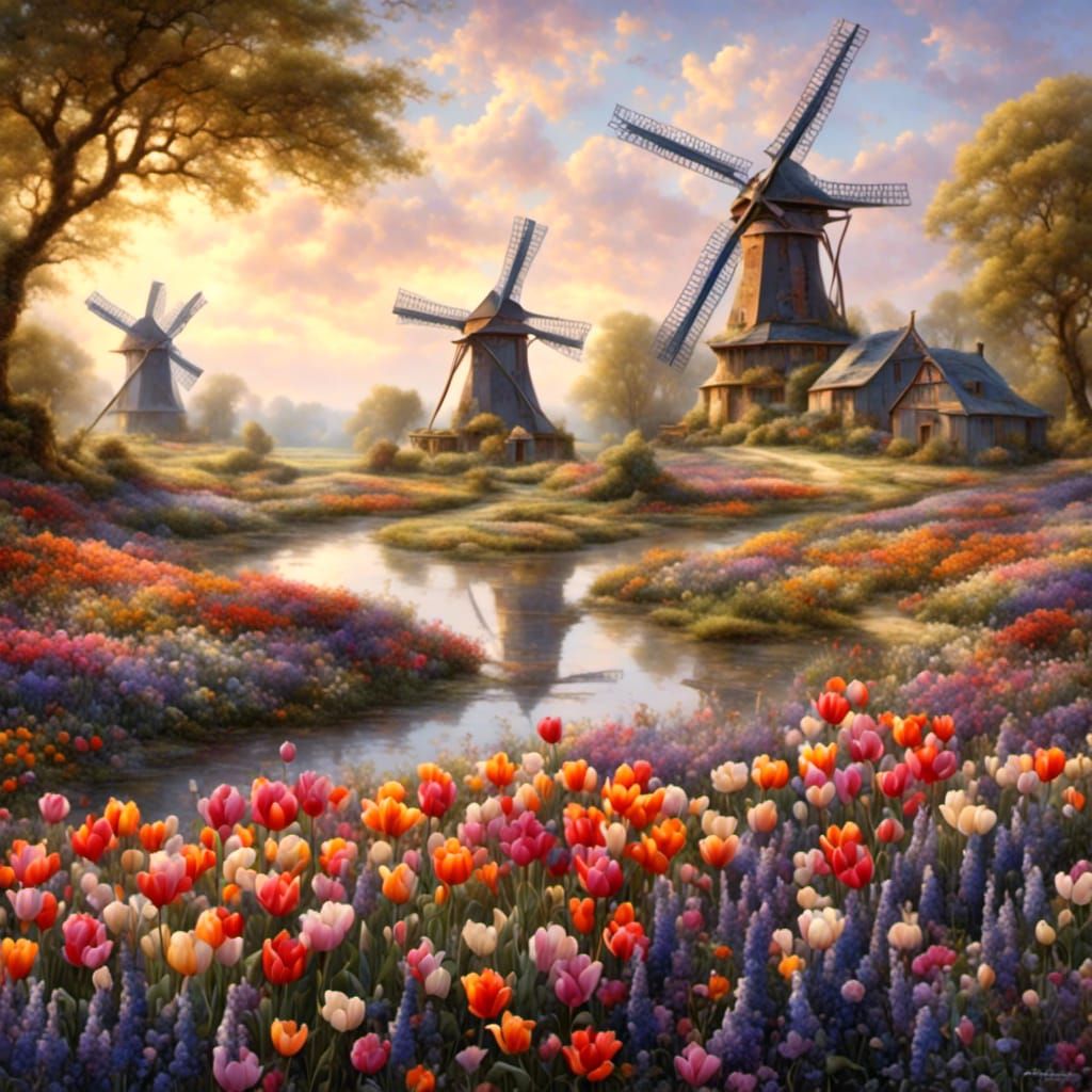 Dutch Windmills Amidst Fields of Tulips and Lavender