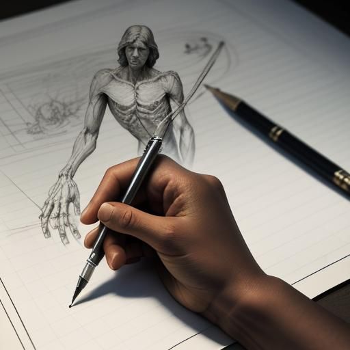 Draftsman Sketches Vitruvian Man with Quill Pen