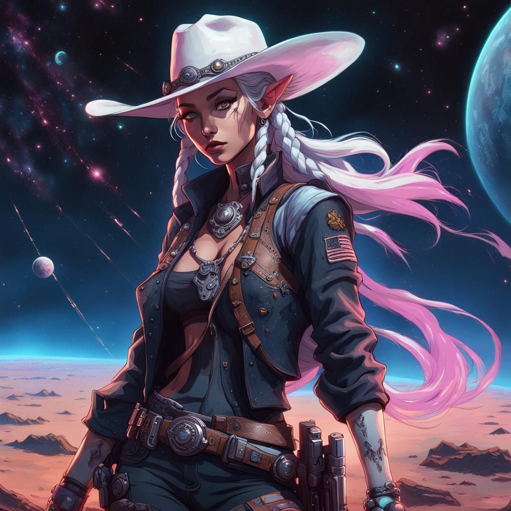 Cosmic Lunar Elf Cowgirl in Space Art