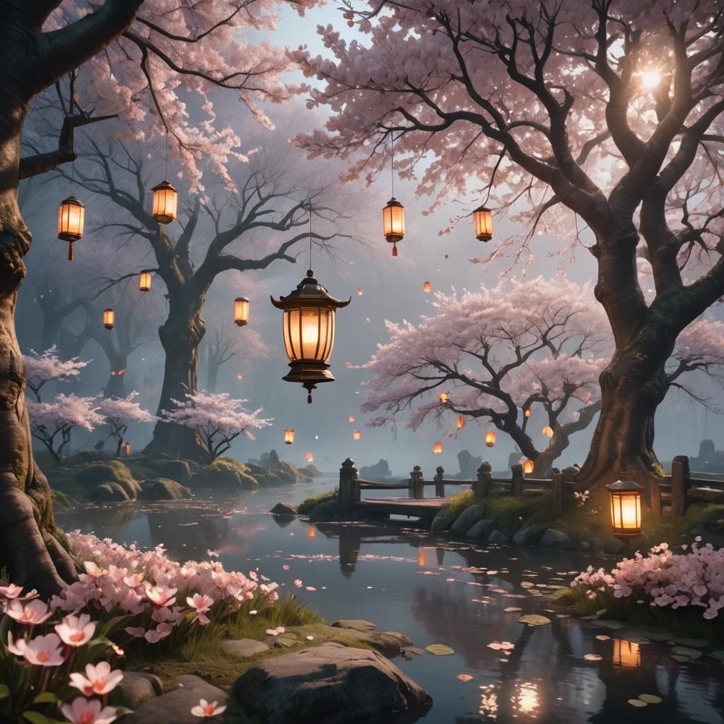Fantasy Morning Scene with Floating Lanterns