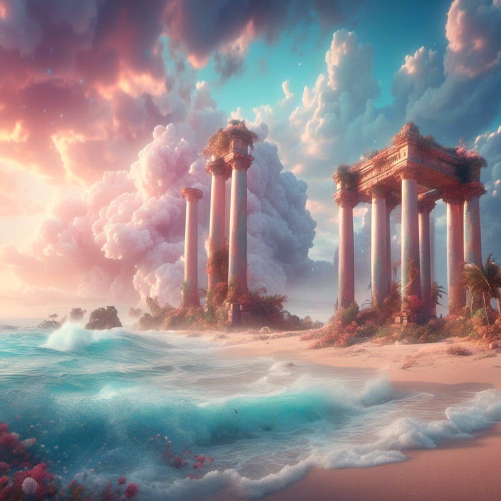 Pastel Fantasy Landscape with Pillars and Ocean