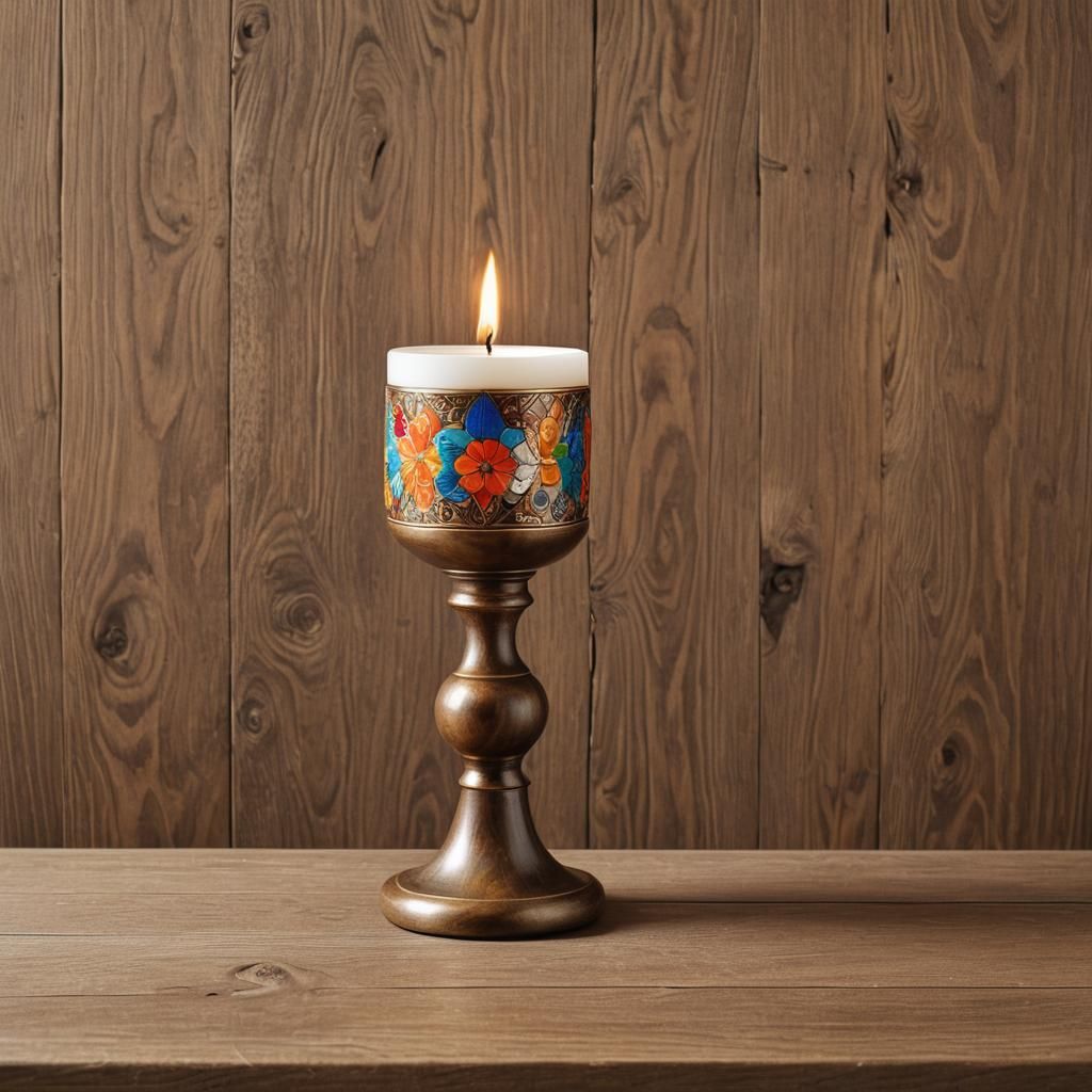 Decorated Candle in Bronze Holder on Wooden Table