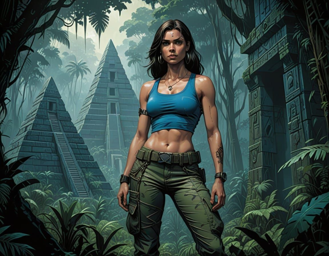Fit Woman Surveys Ancient Pyramid in Dark Jungle