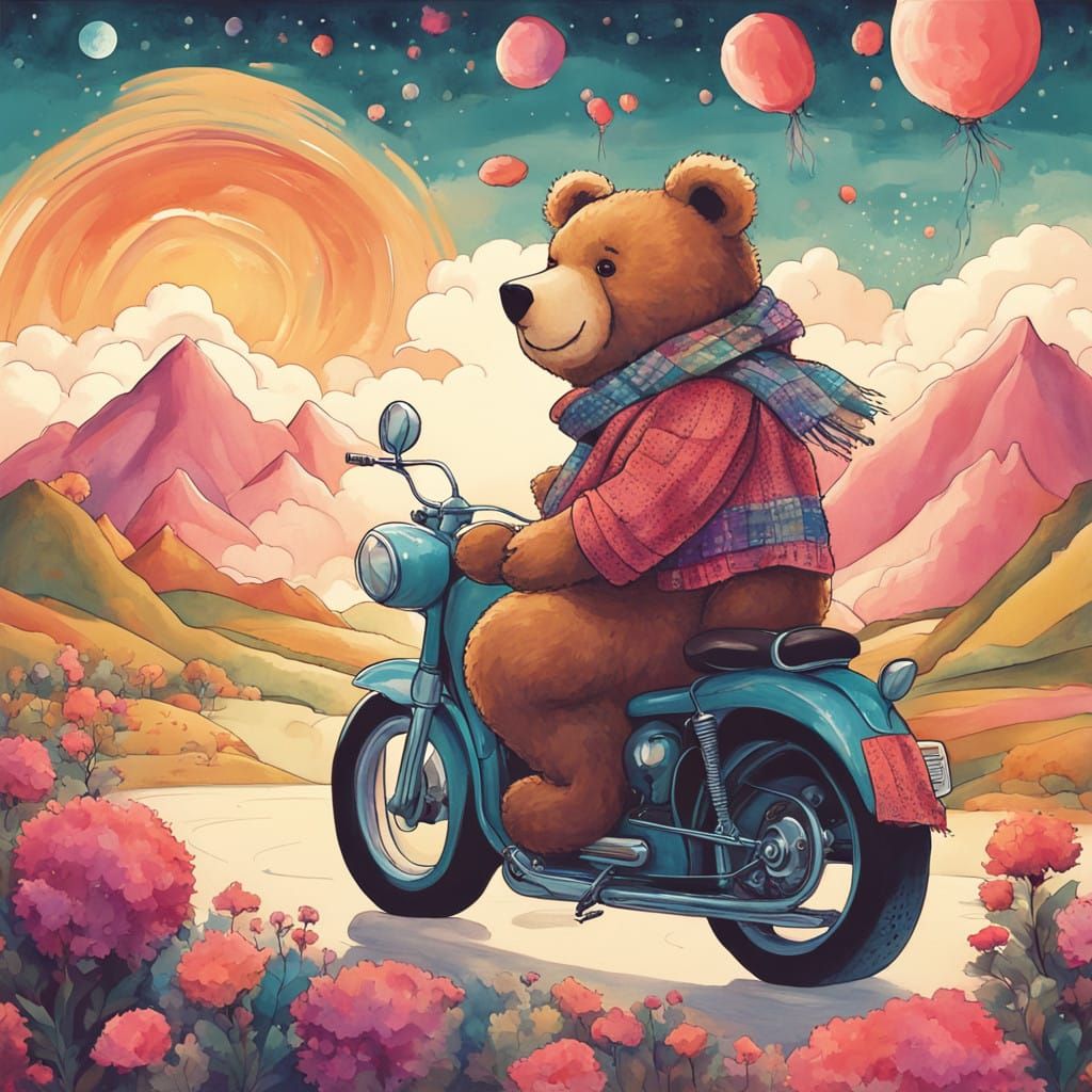 Whimsical Teddy Bear Rides Vintage Motorbike Through Fantast...