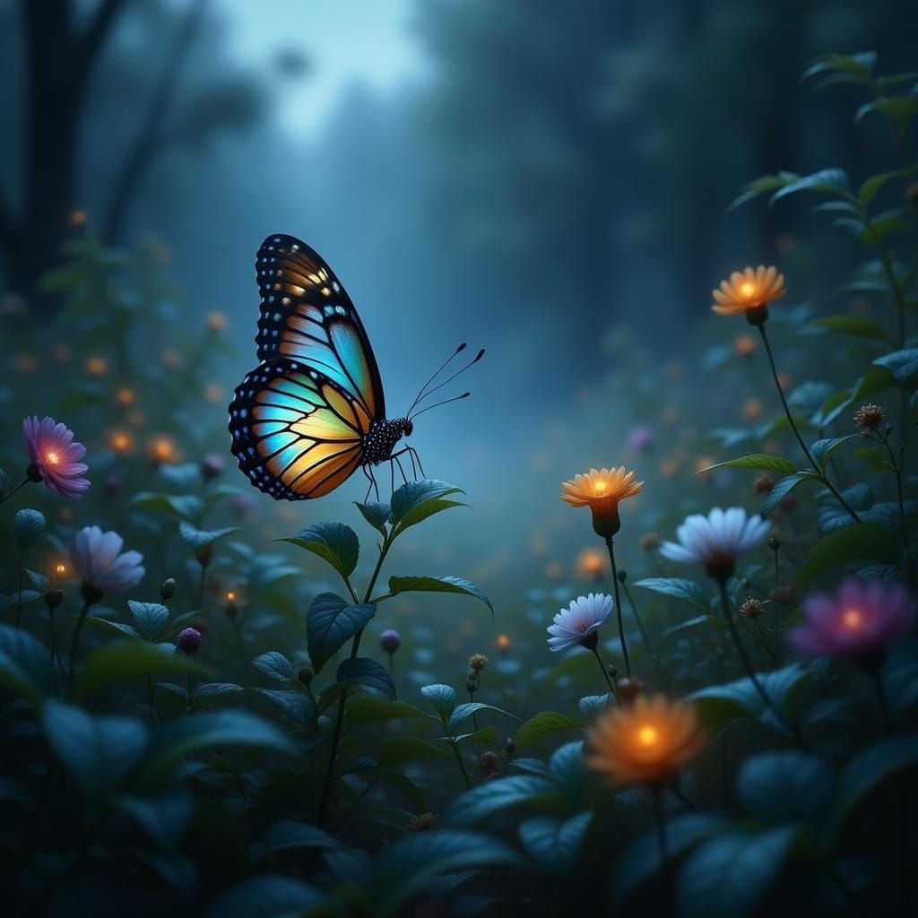 Bioluminescent Butterfly in Enchanted Forest, Ethereal Photo...