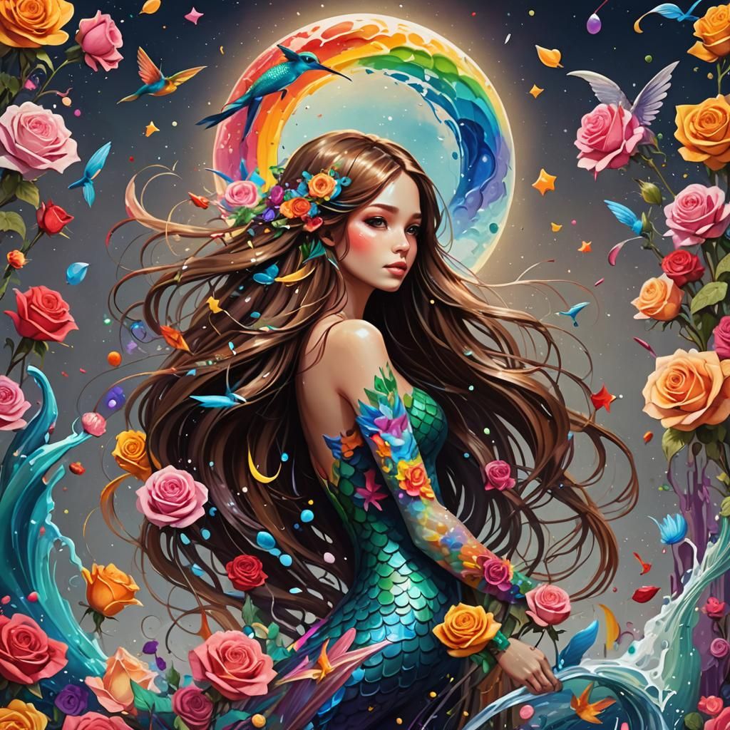 Mermaid in Graffiti Art with Rainbow and Roses