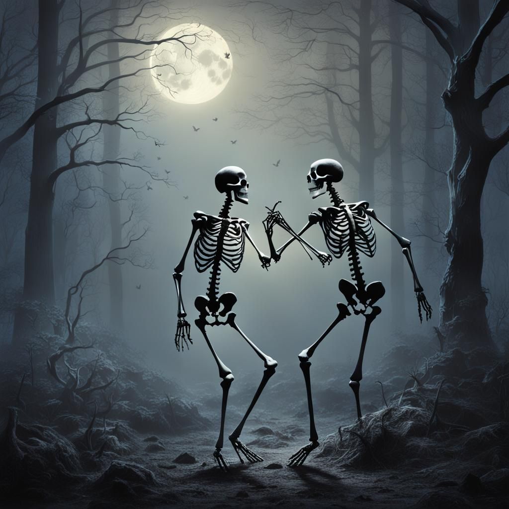 Skeletons Dancing in Misty Moonlight Woods