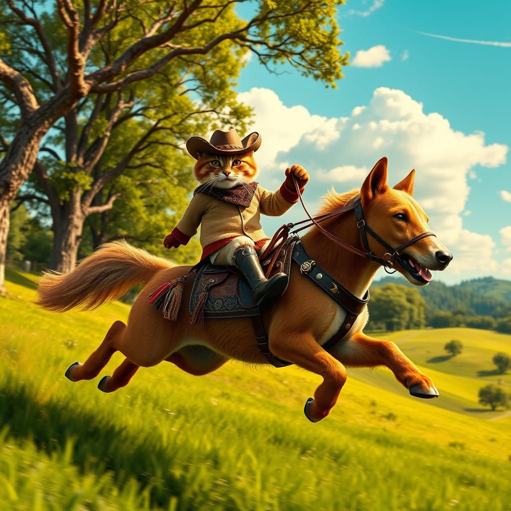 Regal Cat in Cowboy Hat Rides Majestic Dog Across Vibrant Em...