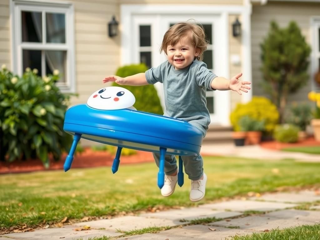 Happy Child on Blue Space Hopper in Garden
