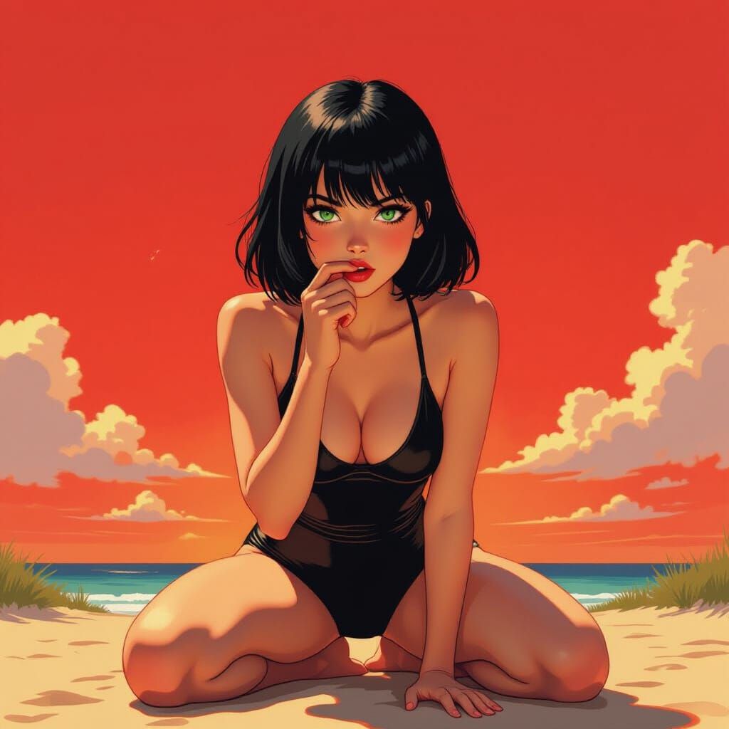 Girl in Black Bathing Suit Against Red Sky