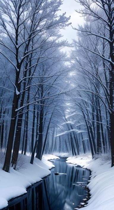 Romantic Winter Woodland Landscape in Dark Blue