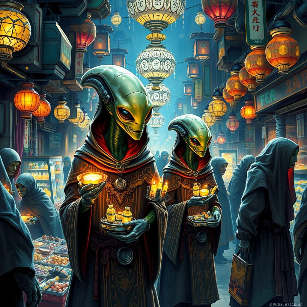Bustling Alien Marketplace in Hyperrealistic Style