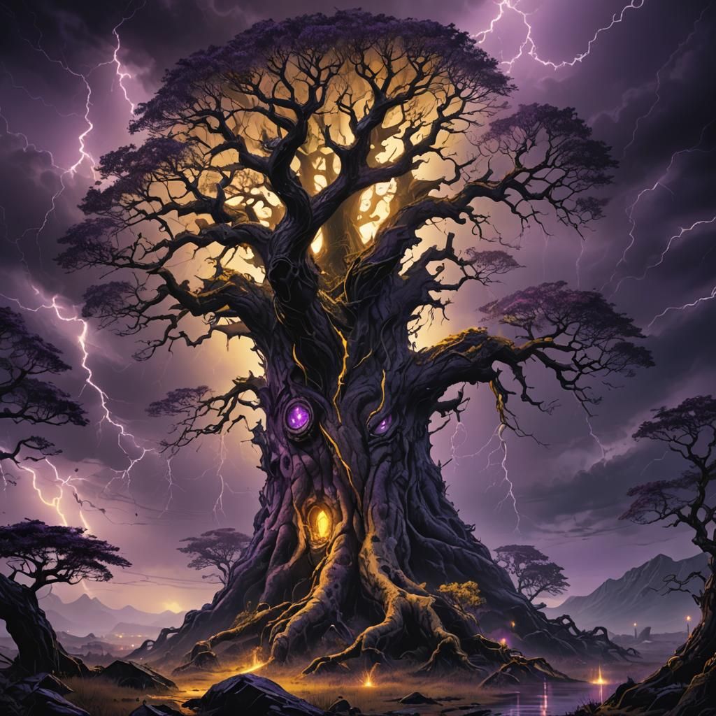 Mystical Tree in Dark Fantasy Landscape