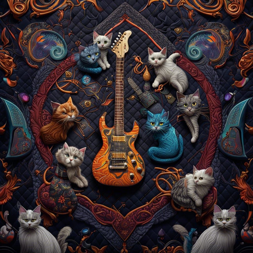 Fantastical Quilt Pattern with Cats and Rock Guitars