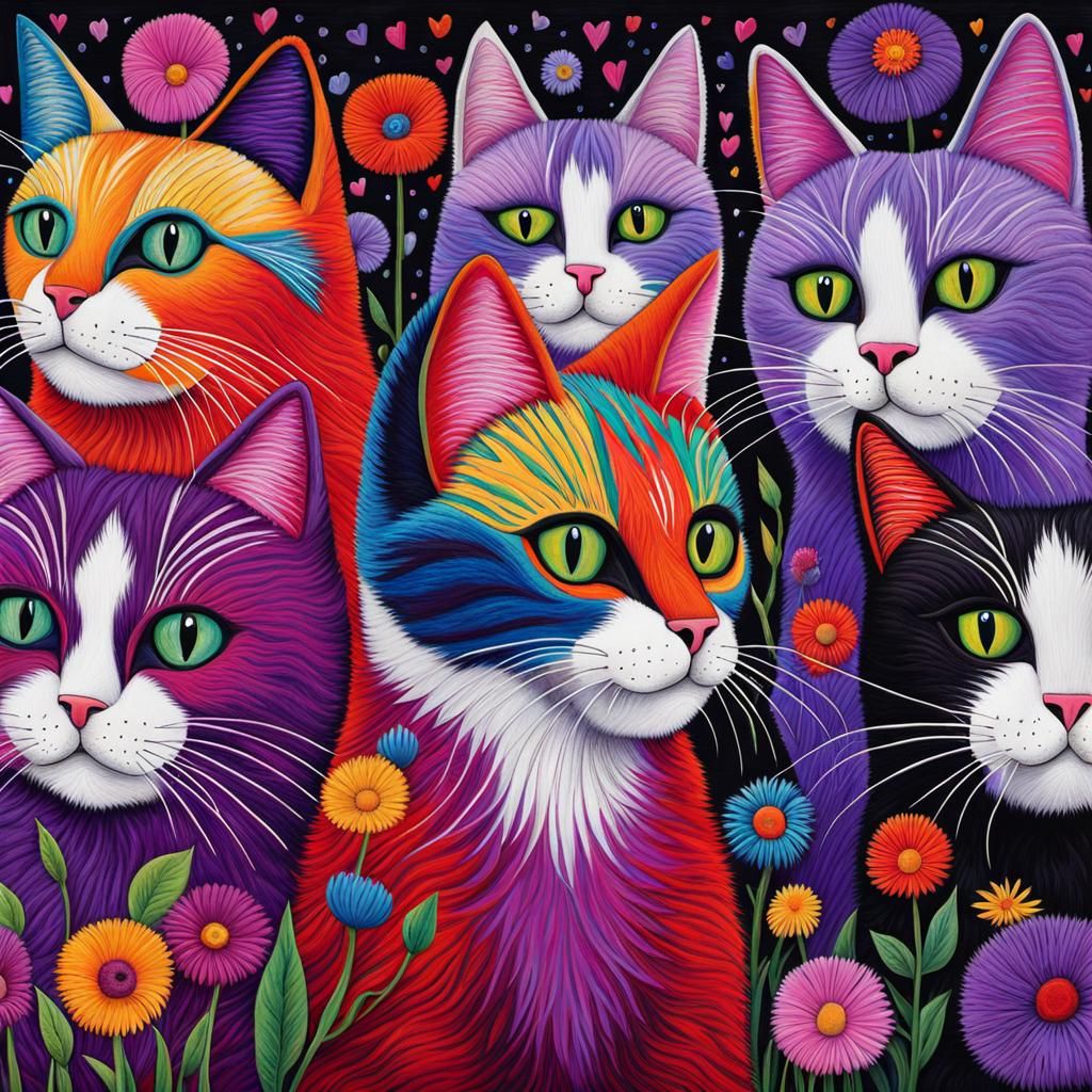 Psychedelic Fur Cats in Rows: A Whimsical 3D Scene