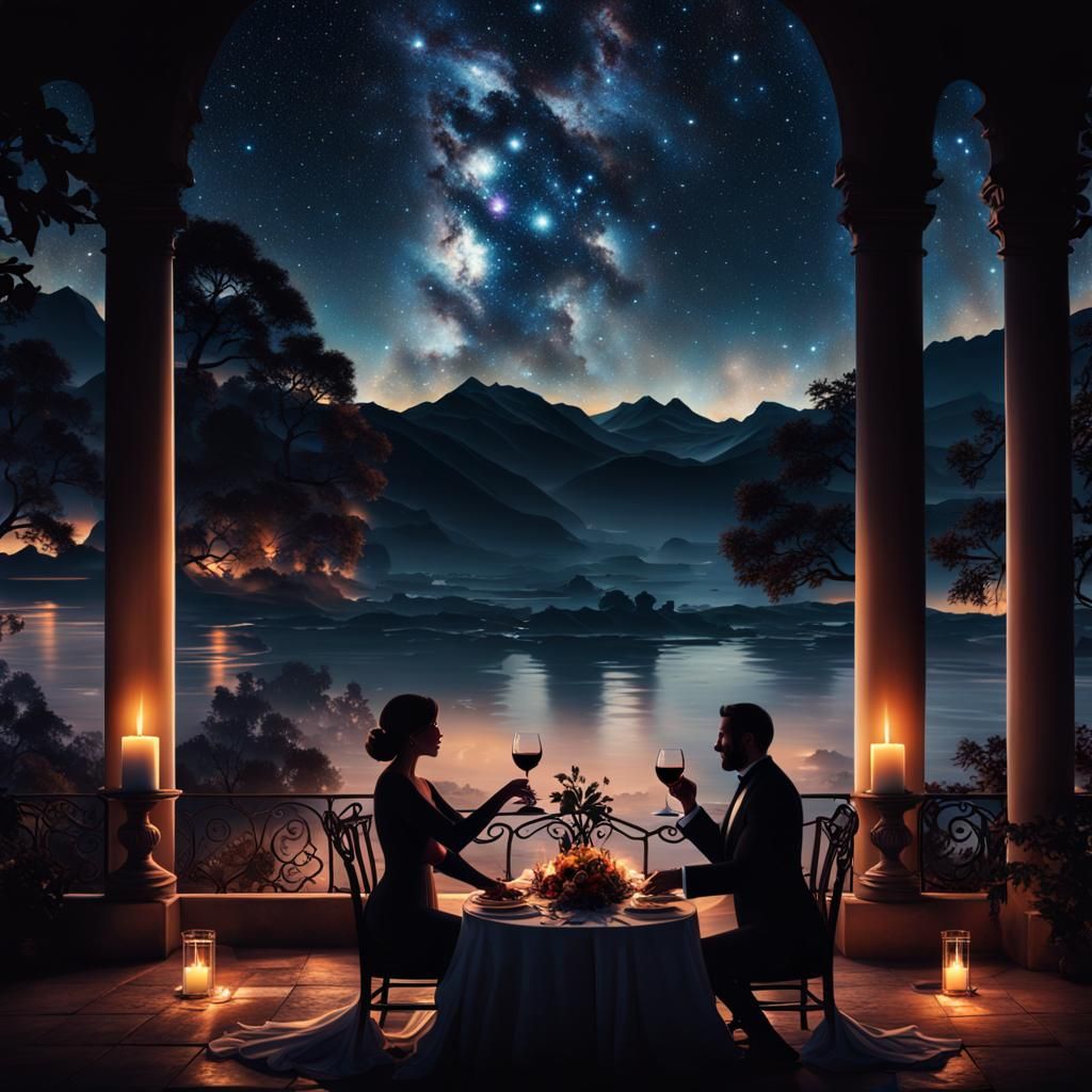 Romantic Couple's Silhouette Under Galaxy, Digital Painting
