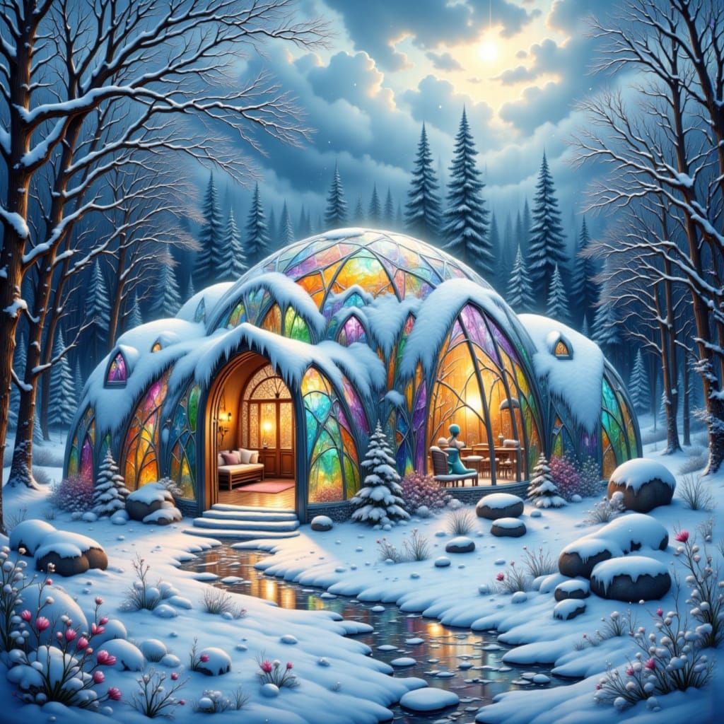 Rainbow Stained Glass Igloo Home in Snow