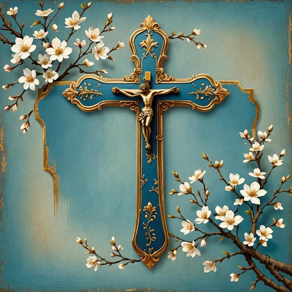 Blue Banner with Antique Cross and Blossoms