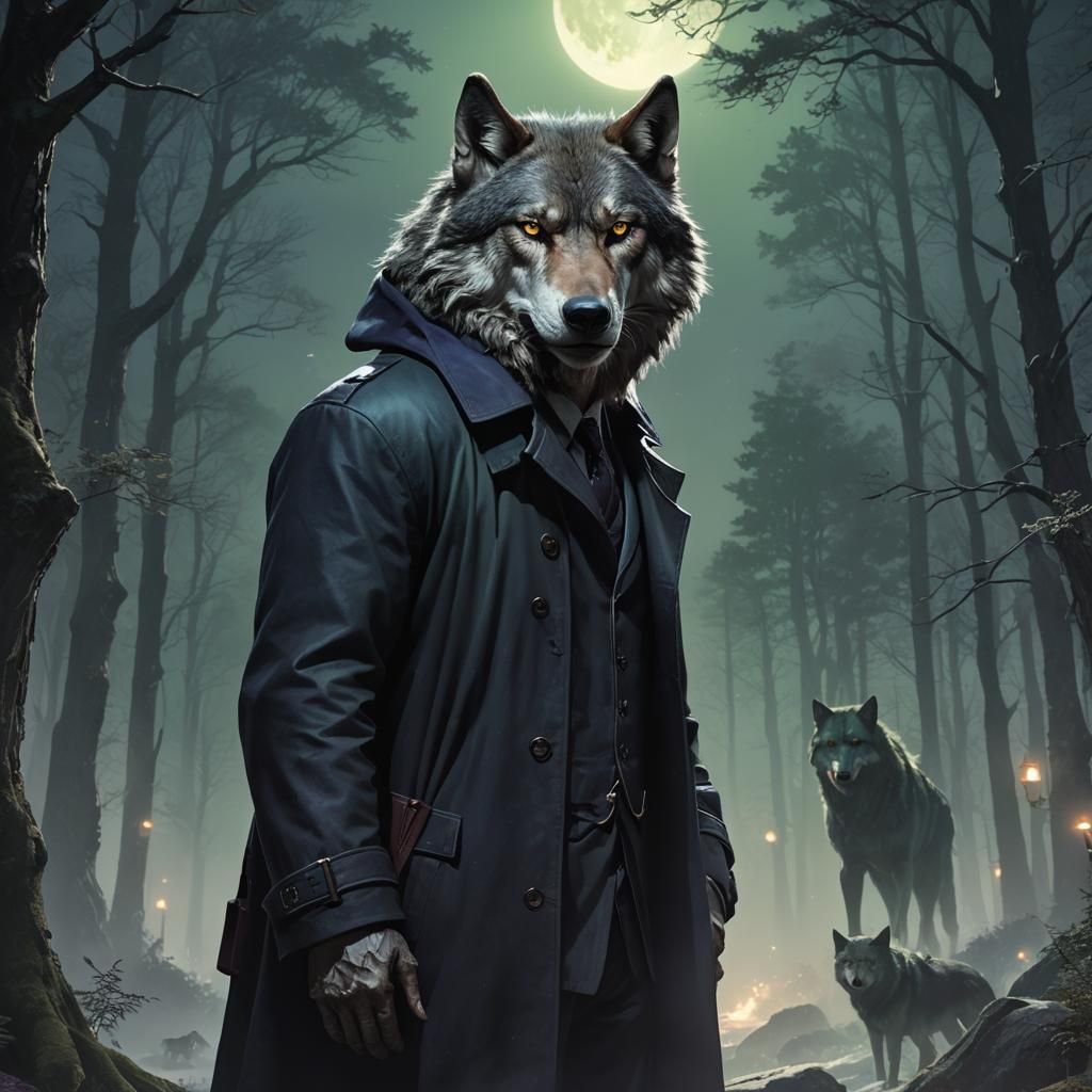 Professor and Wolf in Moonlit Forest, Fantasy Art