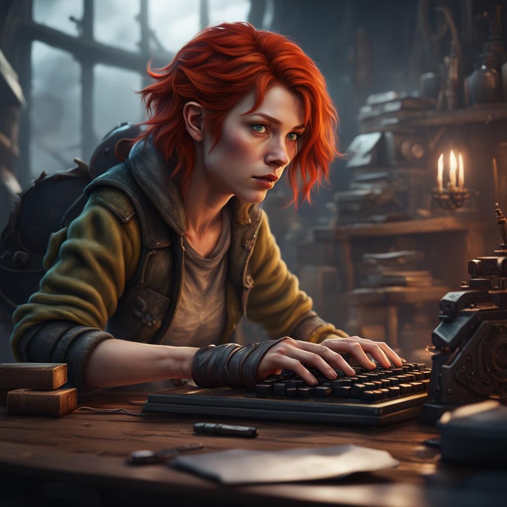 Redhead Tomboy Typing in Detailed Matte Painting Style