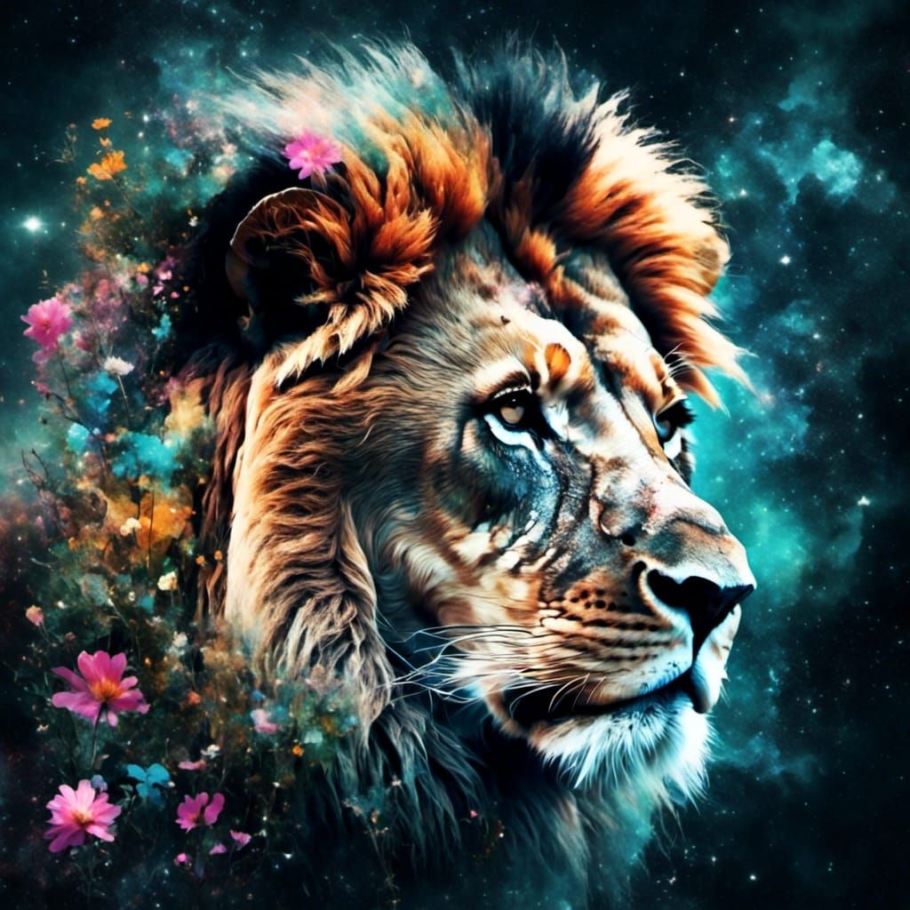 Lion Double Exposure with Savannah and Floral Scenes