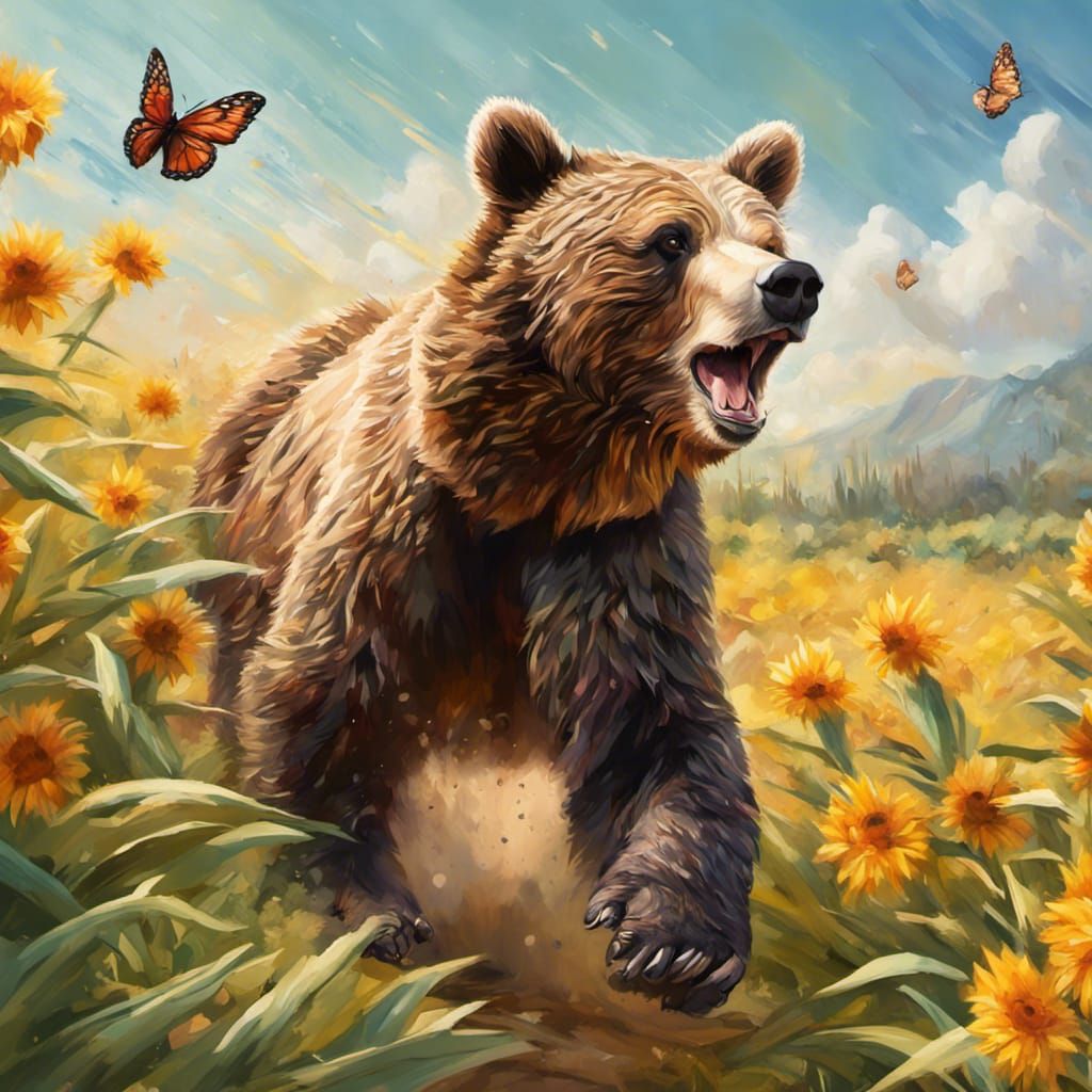 Grizzly Cub and Butterfly in Pineapple Field