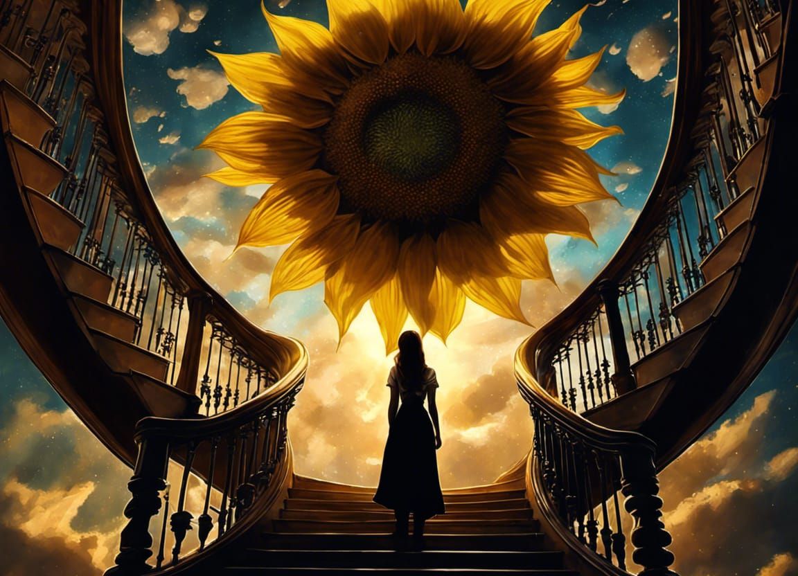 Surreal Bookstore Staircase to Sunflower Clouds